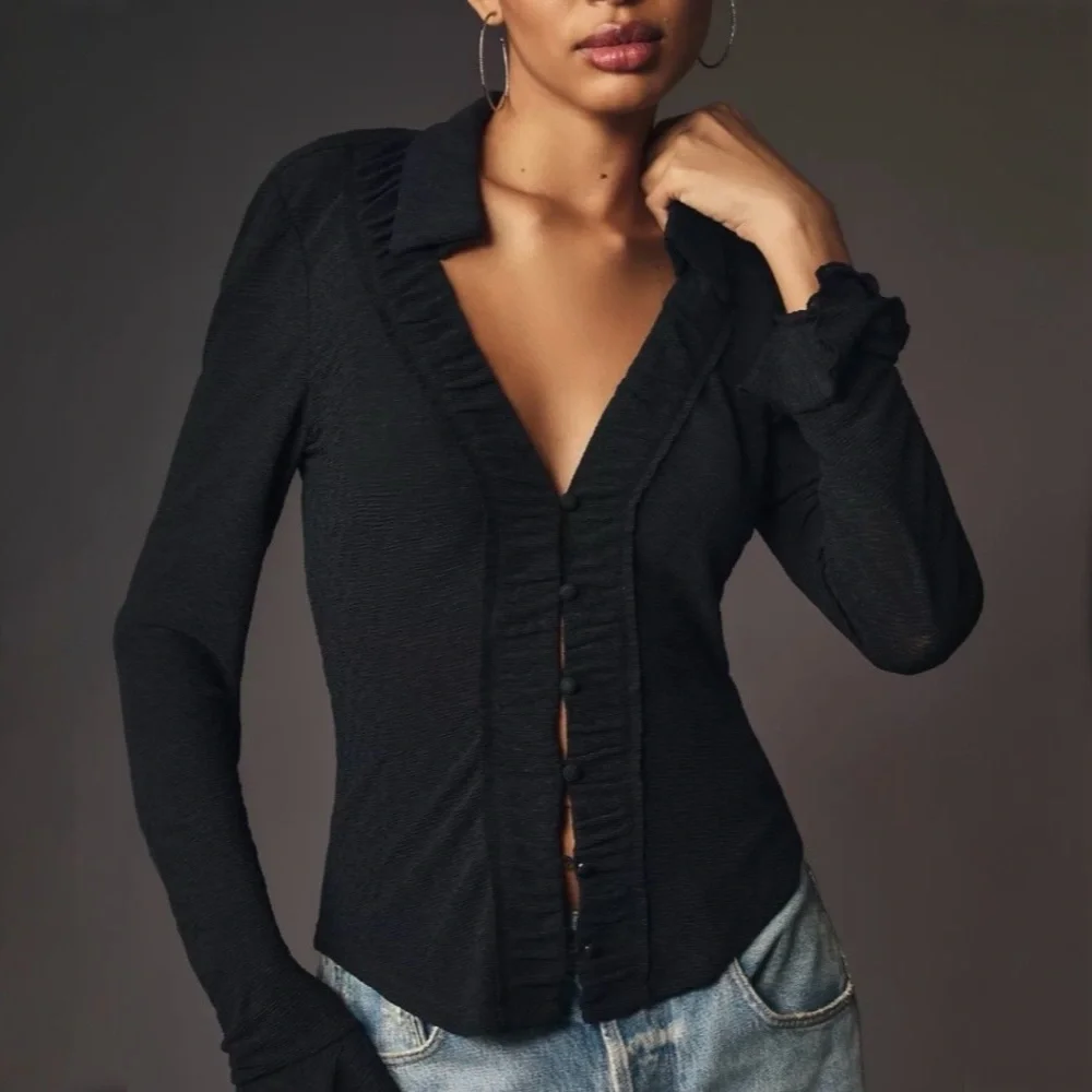 Anthropologie | Long-Sleeve Textured Button-Front Blouse Size Small in Black - Picture 2 of 11